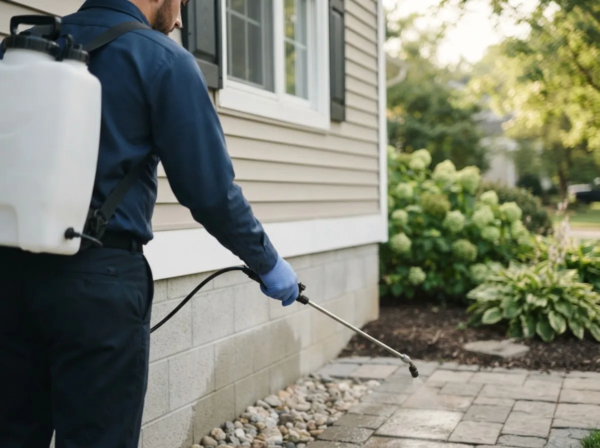Pest control technician inspecting a home in Bentley, MI